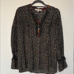 Loft Mixed Pattern Floral Pintuck Ruffle Front/Sleeve Blouse S EUC